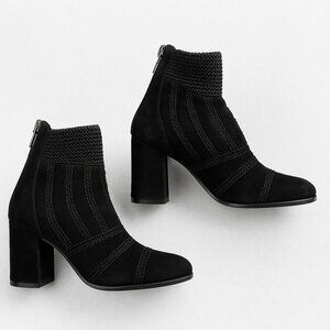 Silent D Black Suede Leather Knit Ankle Boots 37 Heeled Booties Block Heel Zip
